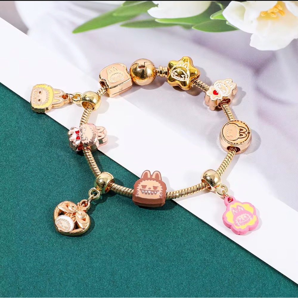 18K Gold Labubu Character Themed Fully Loaded Charm Bracelet Unisex Kawaii Anime - Picture 5 of 12